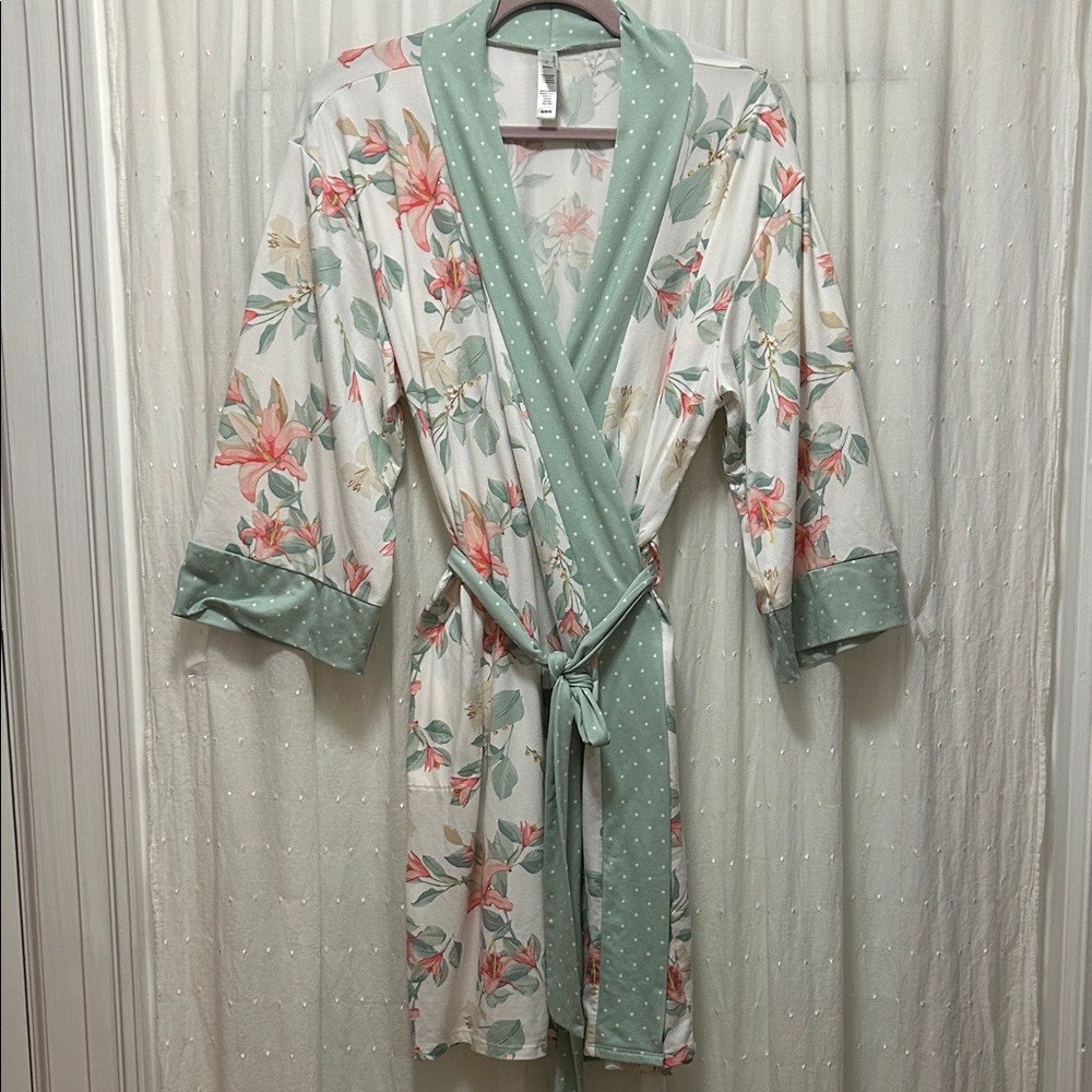 Flora Nikrooz Floral Polka Dot Robe Women’s M Green Feminine Romantic Loungewear